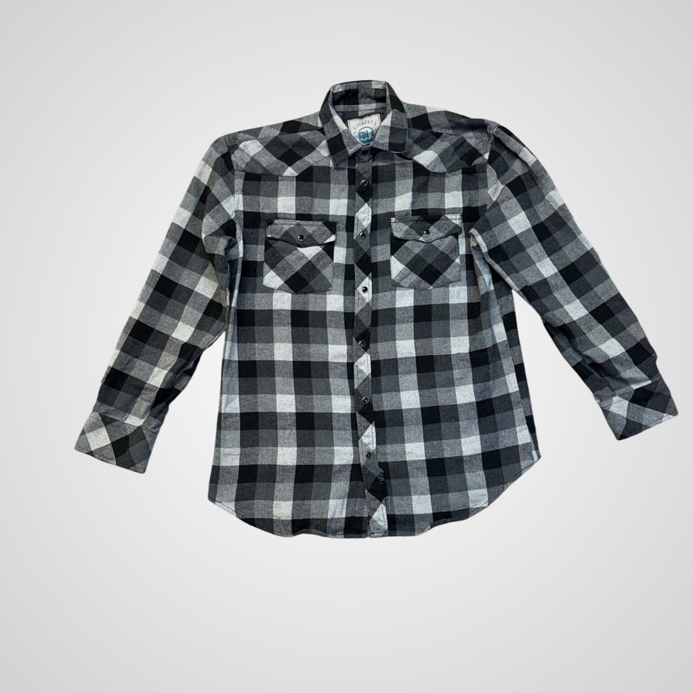 Gioberti Western Flannel Shirt Mens Medium Gray Black Plaid Snap Button Fair